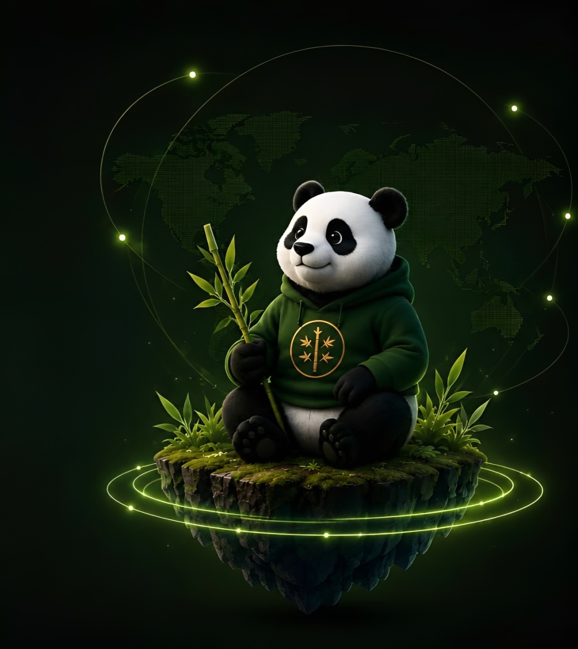 $Panda on a floating moss island with a glowing world map
